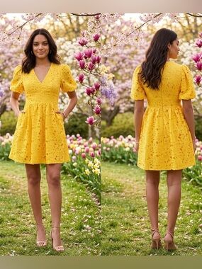 Prabal Gurung Yellow Lace Puff-Sleeve Mini Dress size 16 NWT